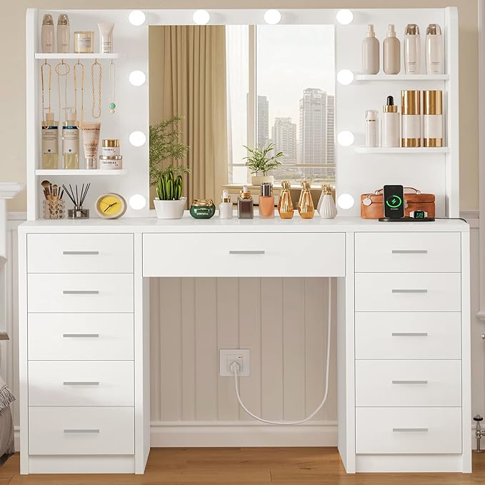 White 11-Drawer Makeup Vanity Desk with Lighted Hollywood Mirror & Charging Station