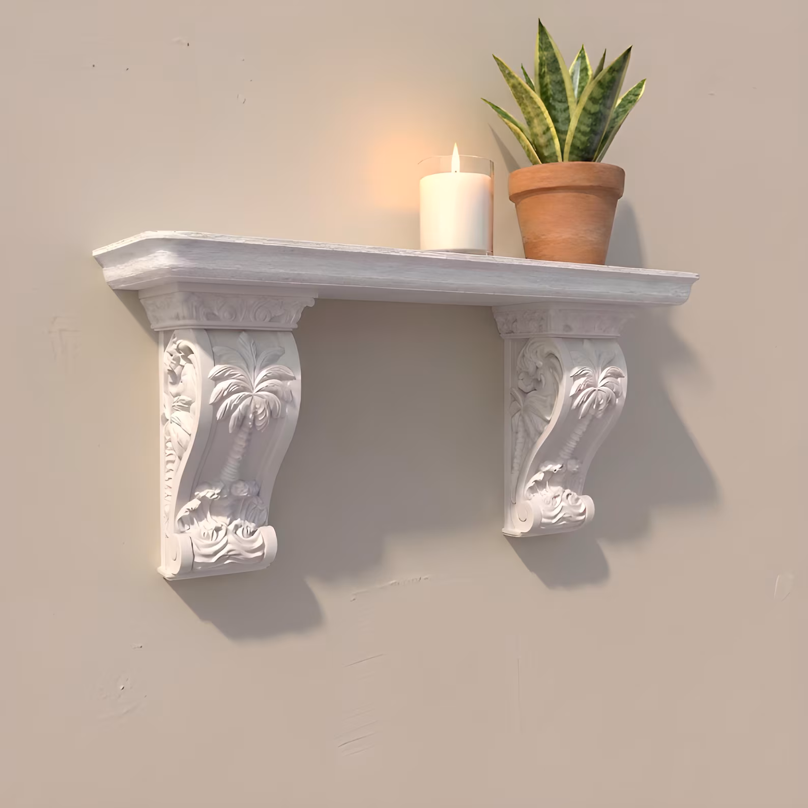 Palm Tree Cast Stone Corbels — Coastal Shelf Brackets, Pair