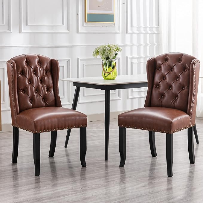 DUOMAY Tufted PU Leather Wingback Dining Chairs, Set of 2 — Brown