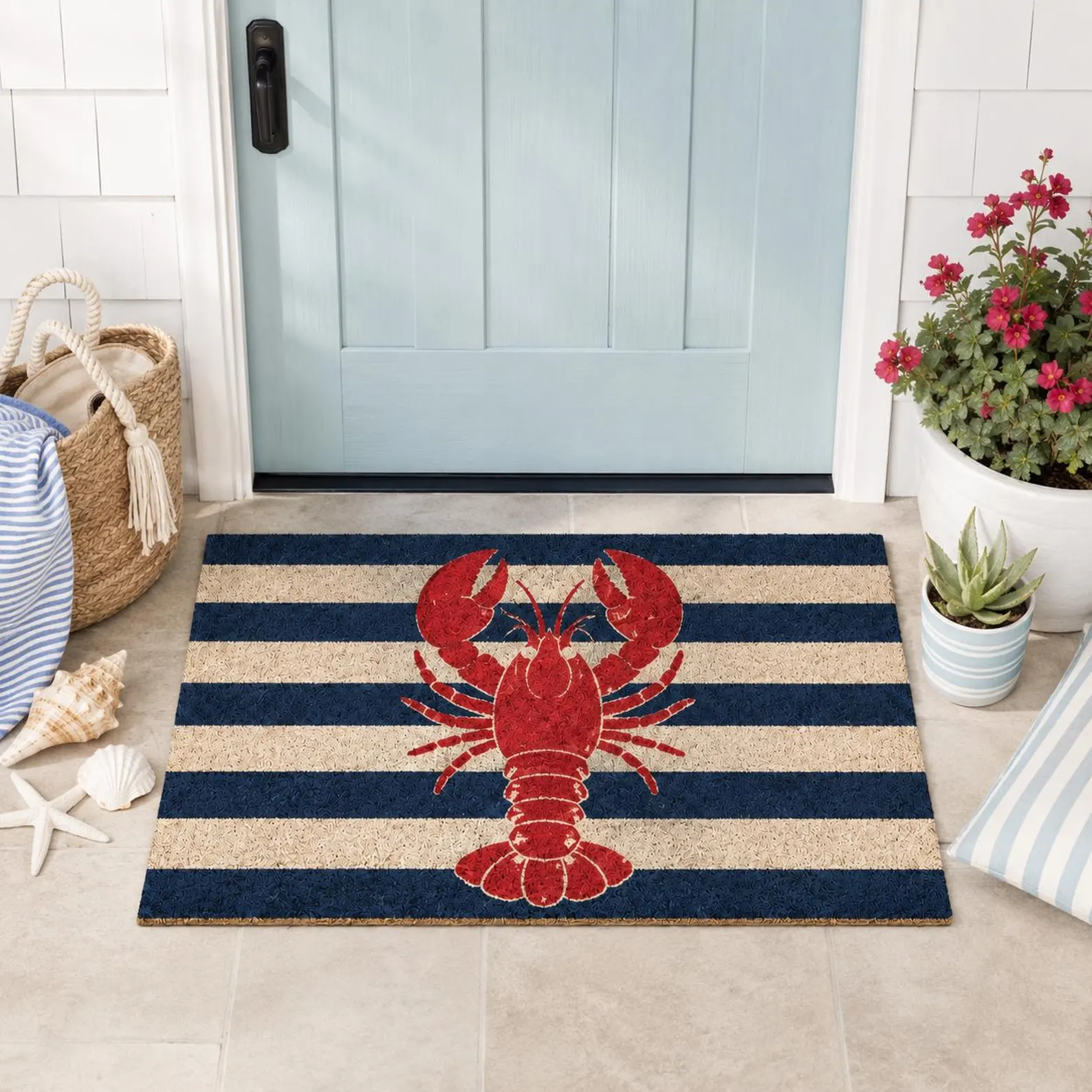 Coastal Navy Stripe & Red Lobster Nautical Coir Doormat