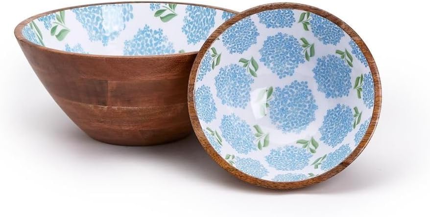 Hydrangea Painted Mango Wood Serving Bowls (Set of 2)