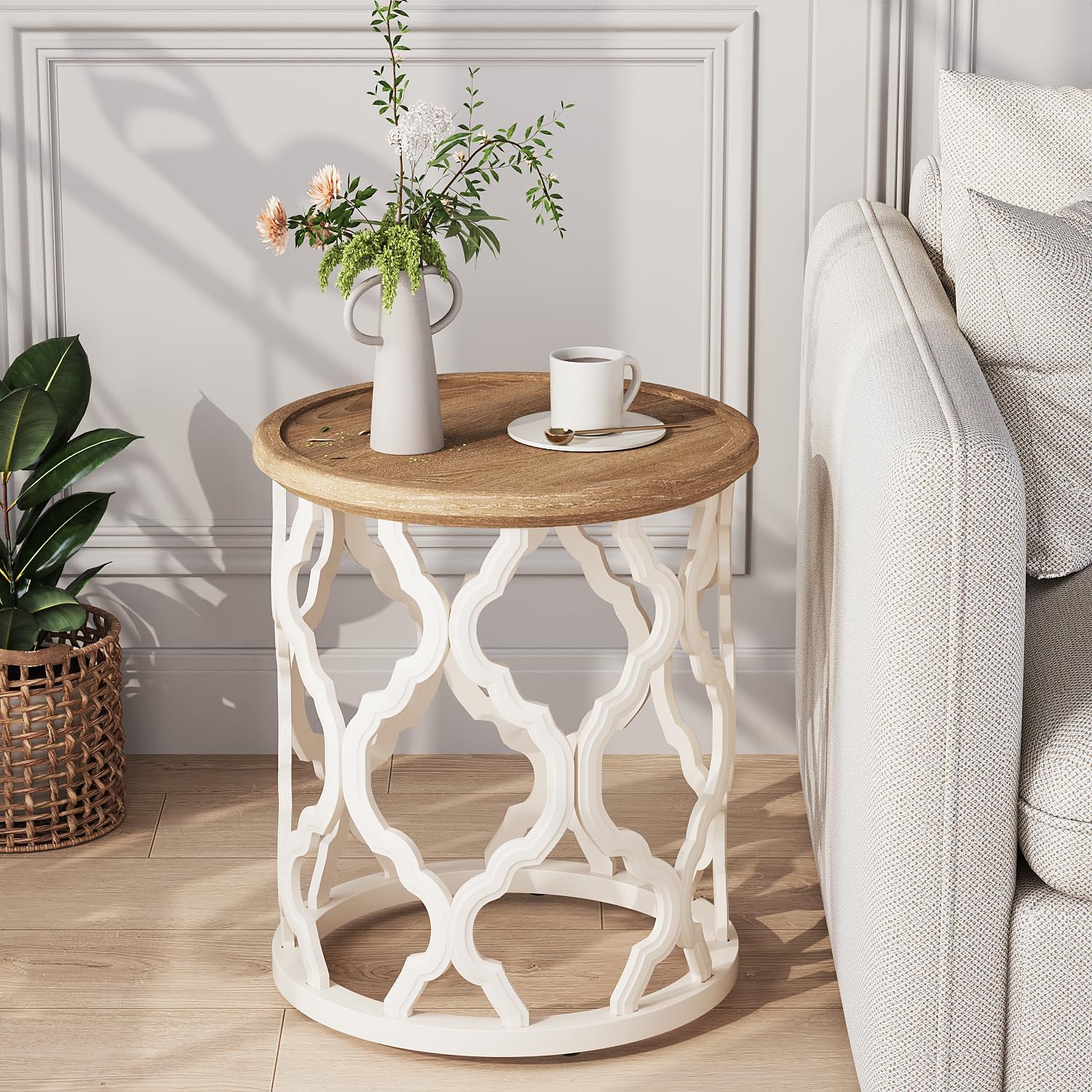 karlott French Country Round Tray-Top Side Table (Distressed Beige)