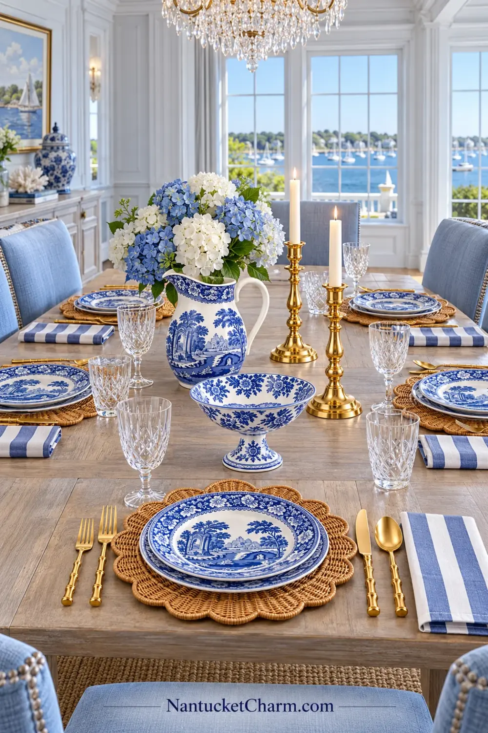 Portrait blue and white harbor-view tablescape with Spode Blue Italian plates and pitcher, scalloped rattan chargers, striped napkins, gold bamboo flatware, clear cut-glass goblets and tumblers, brass candlesticks, blue and white hydrangeas, a porcelain footed bowl, blue upholstered chairs and a crystal chandelier.