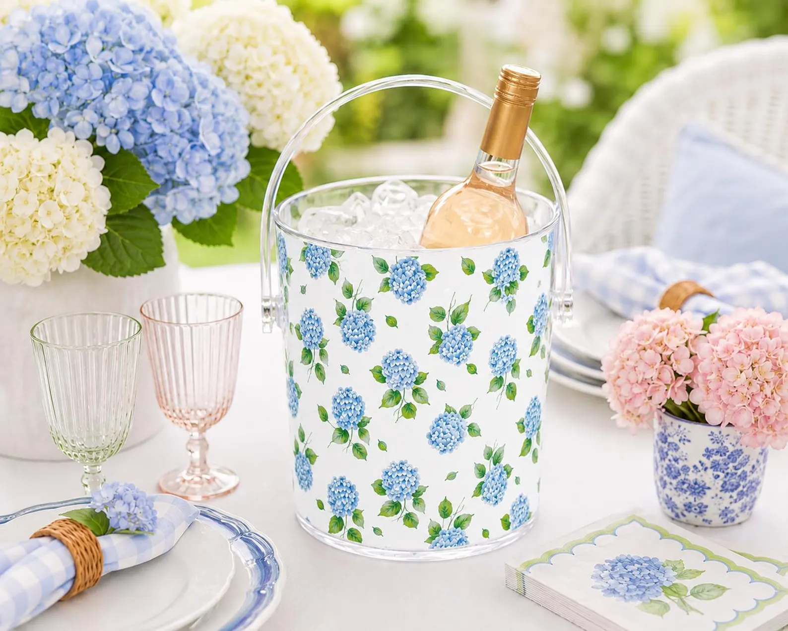 Blue Hydrangea Acrylic Lucite Ice Bucket — Preppy Garden Party Barware