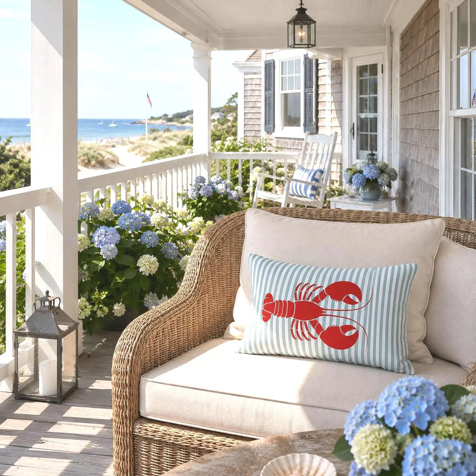 Red Lobster Outdoor Pillow — Nautical Blue Stripe