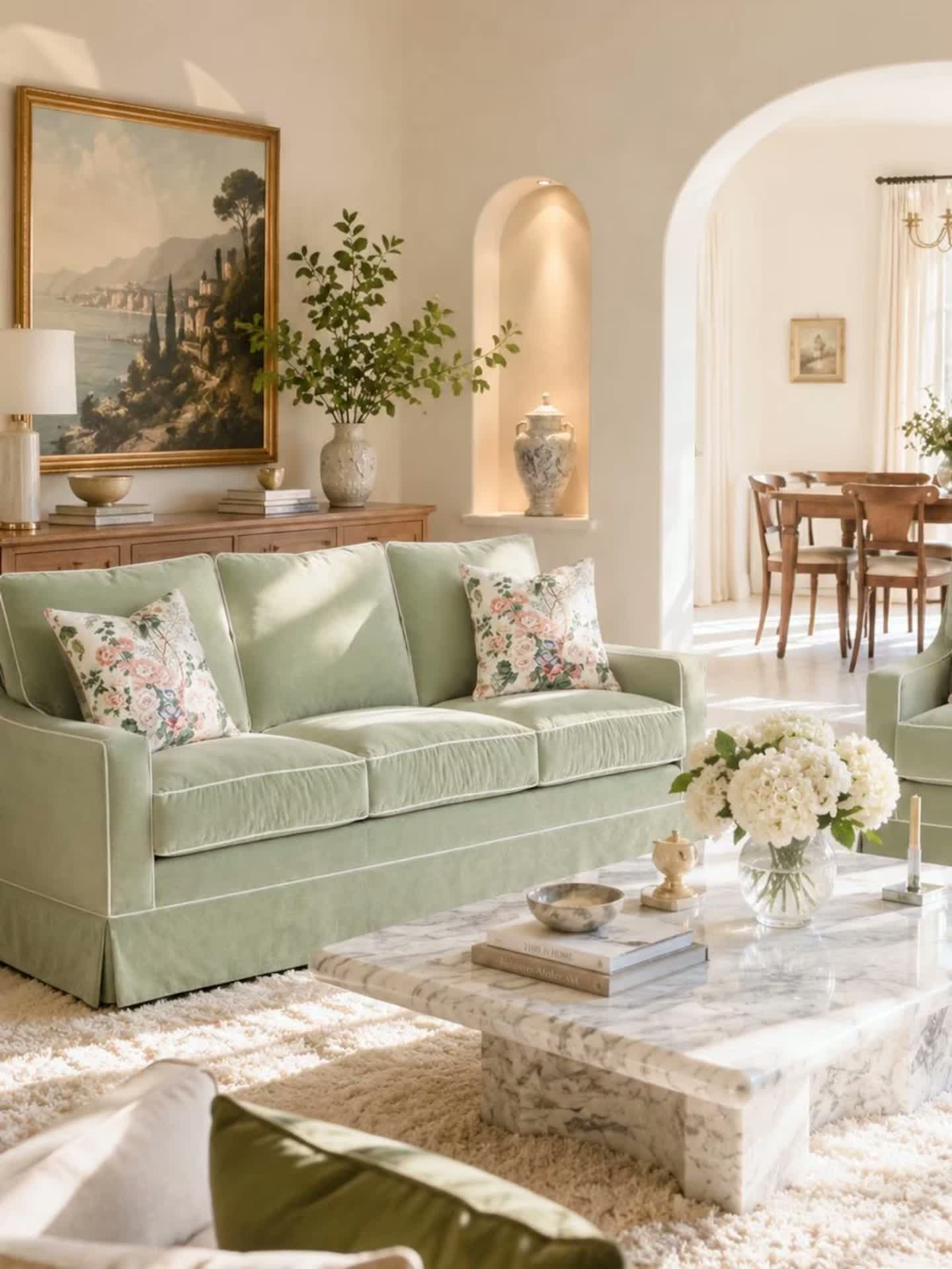 Sage Green Velvet Sofa Slipcover with White Piping — Custom Fitted Skirted Couch Cover