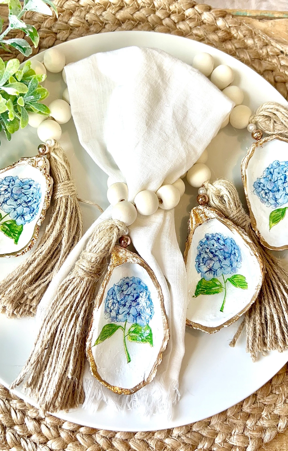 Hydrangea Oyster Shell Napkin Rings with Jute Tassels (Set of 4)