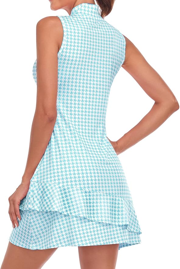 Aqua Houndstooth Mock-Neck Sleeveless Ruffle Tennis Dress