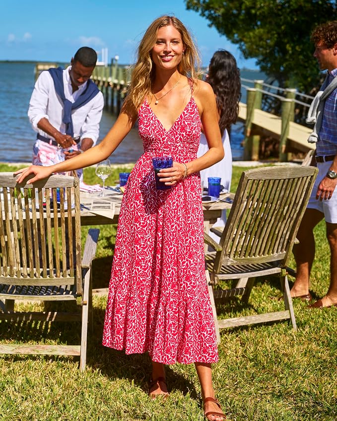 Red & White Coral Block-Print Halter Tiered Maxi Dress