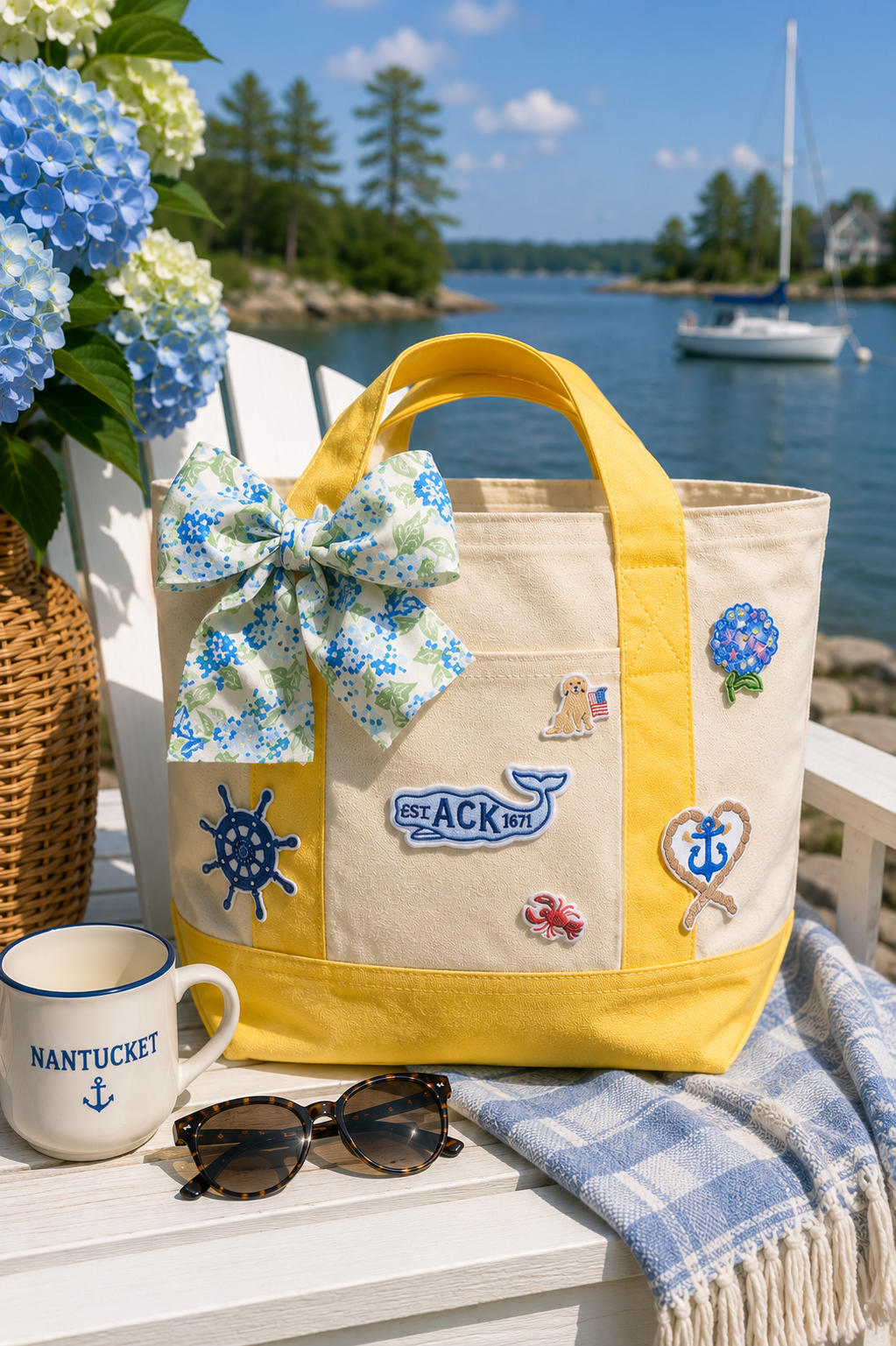 Yellow ACK whale tote with hydrangea bow on Adirondack chair