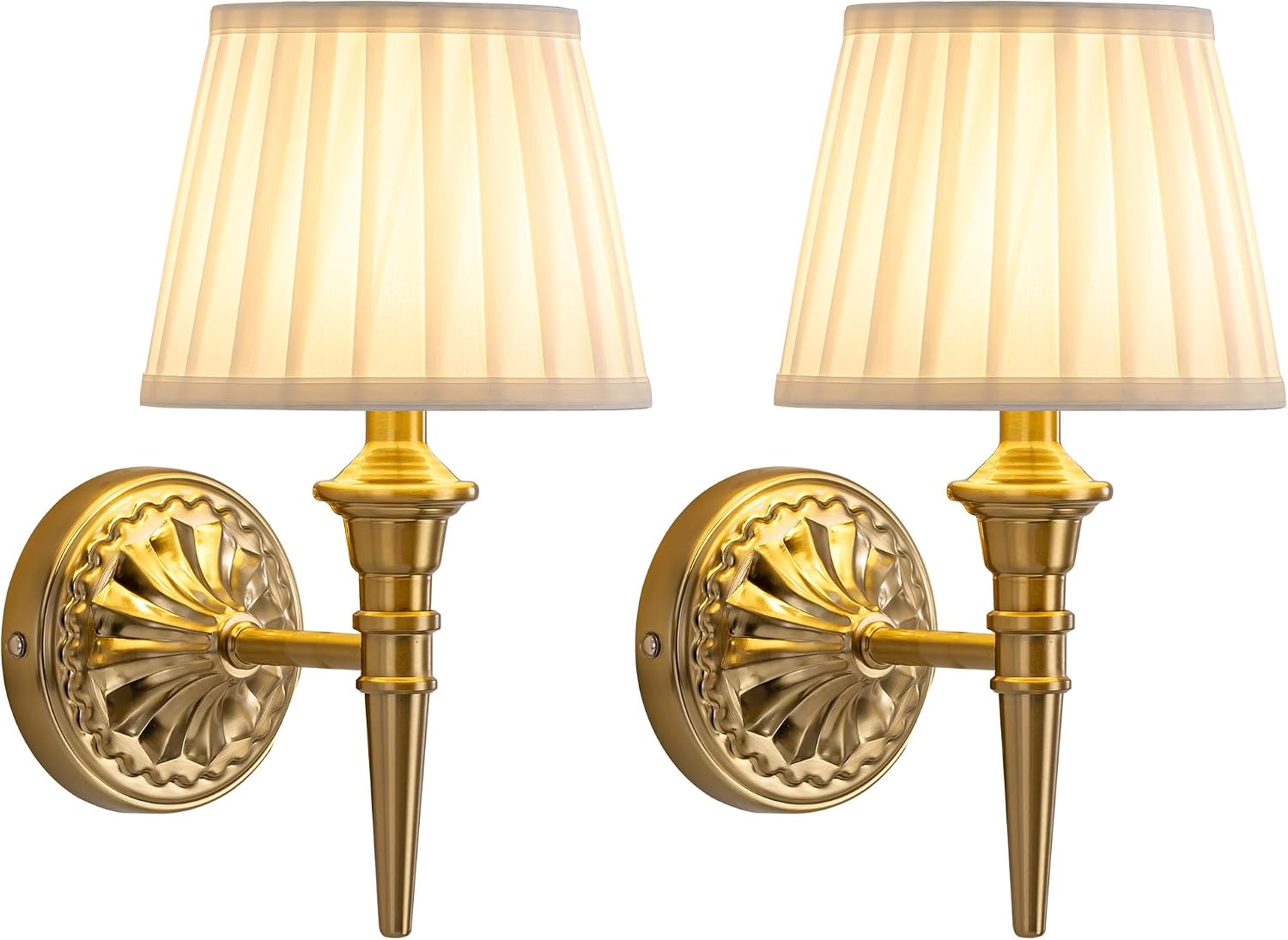 KDG Cordless Gold Wall Sconces with Beige Pleated Shade (Set of 2)