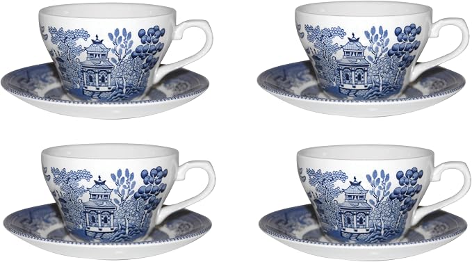 Churchill Blue Willow Teacups & Saucers, Set of 4 — Made in England