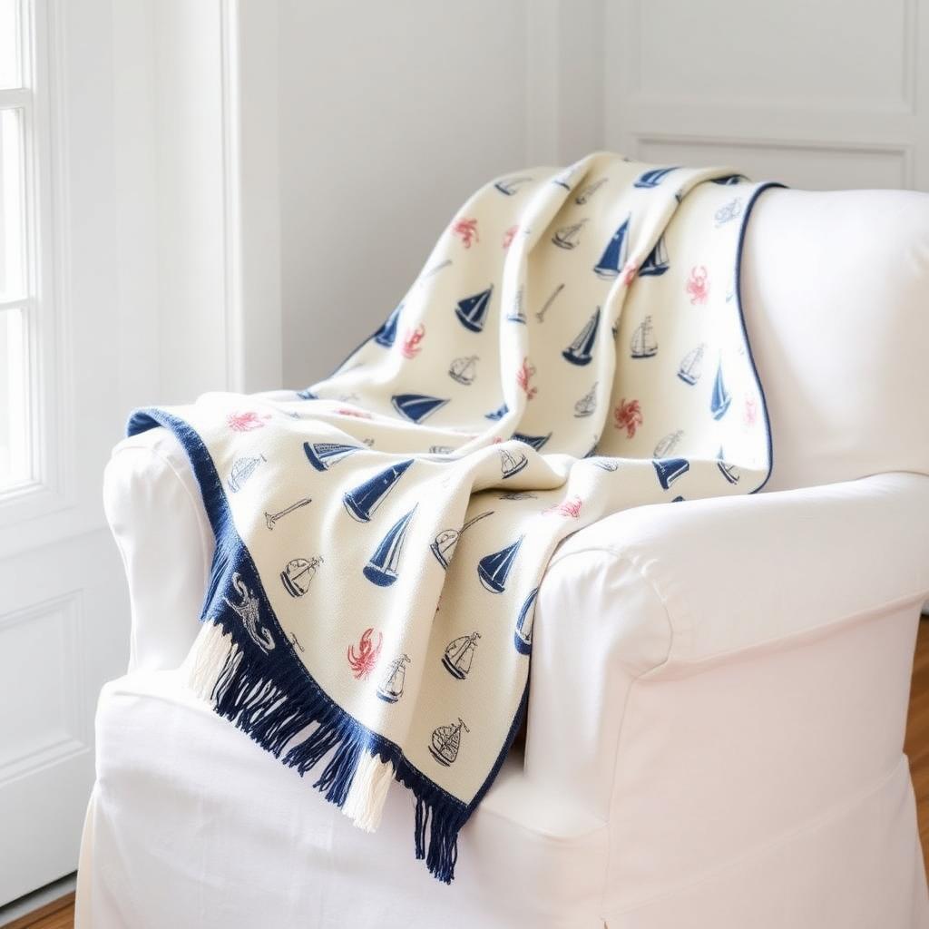 Nautical Woven Cotton Throw Blanket — Sailboats, Lighthouses & Lobsters