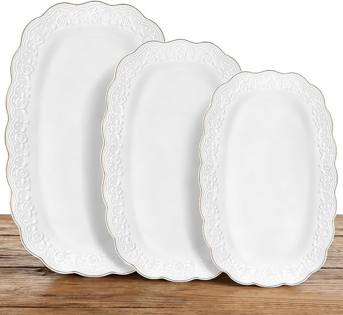 White Ceramic Scalloped Lace Serving Platters with Gold Trim (Set of 3)