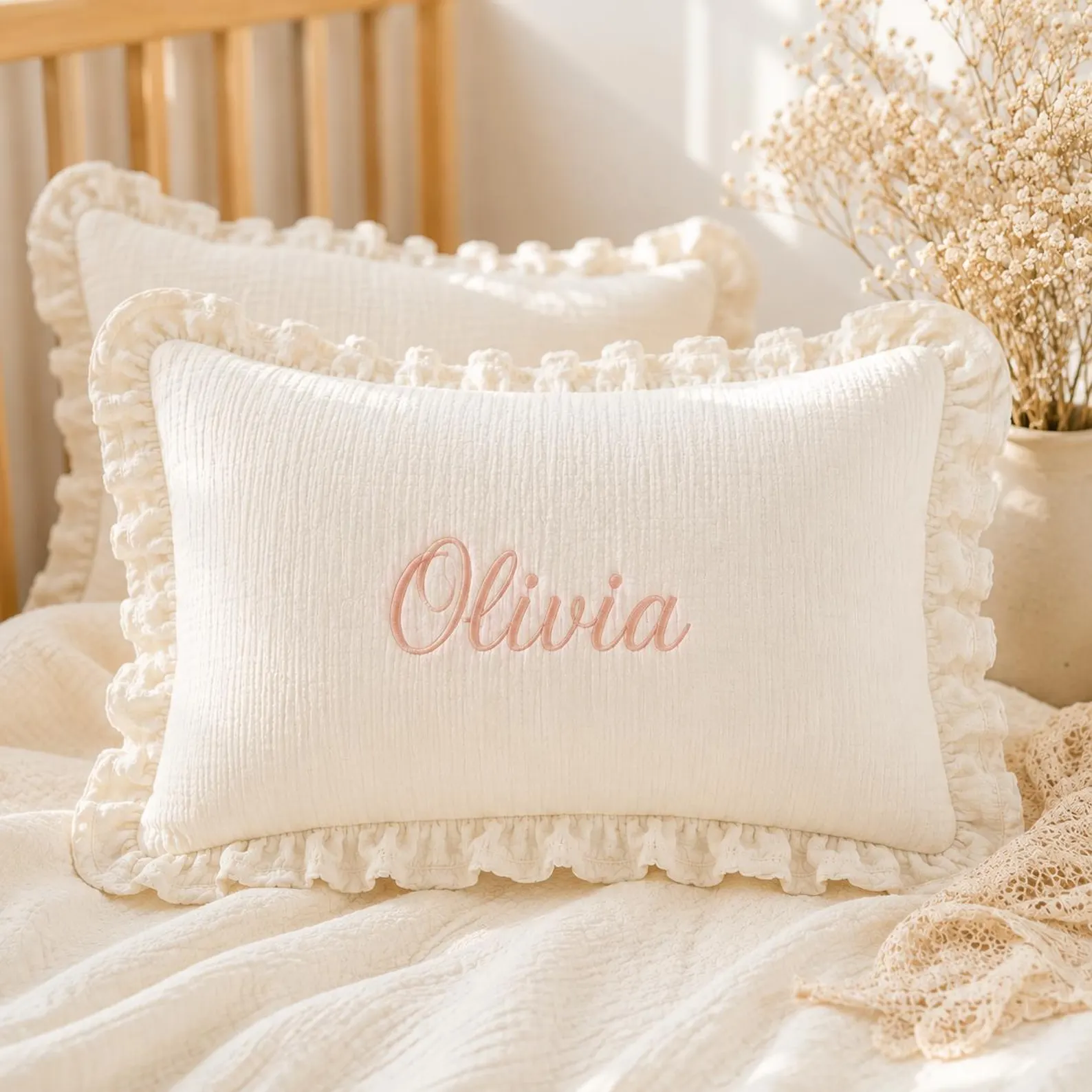 Custom Name Embroidered Muslin Ruffle Baby Pillow