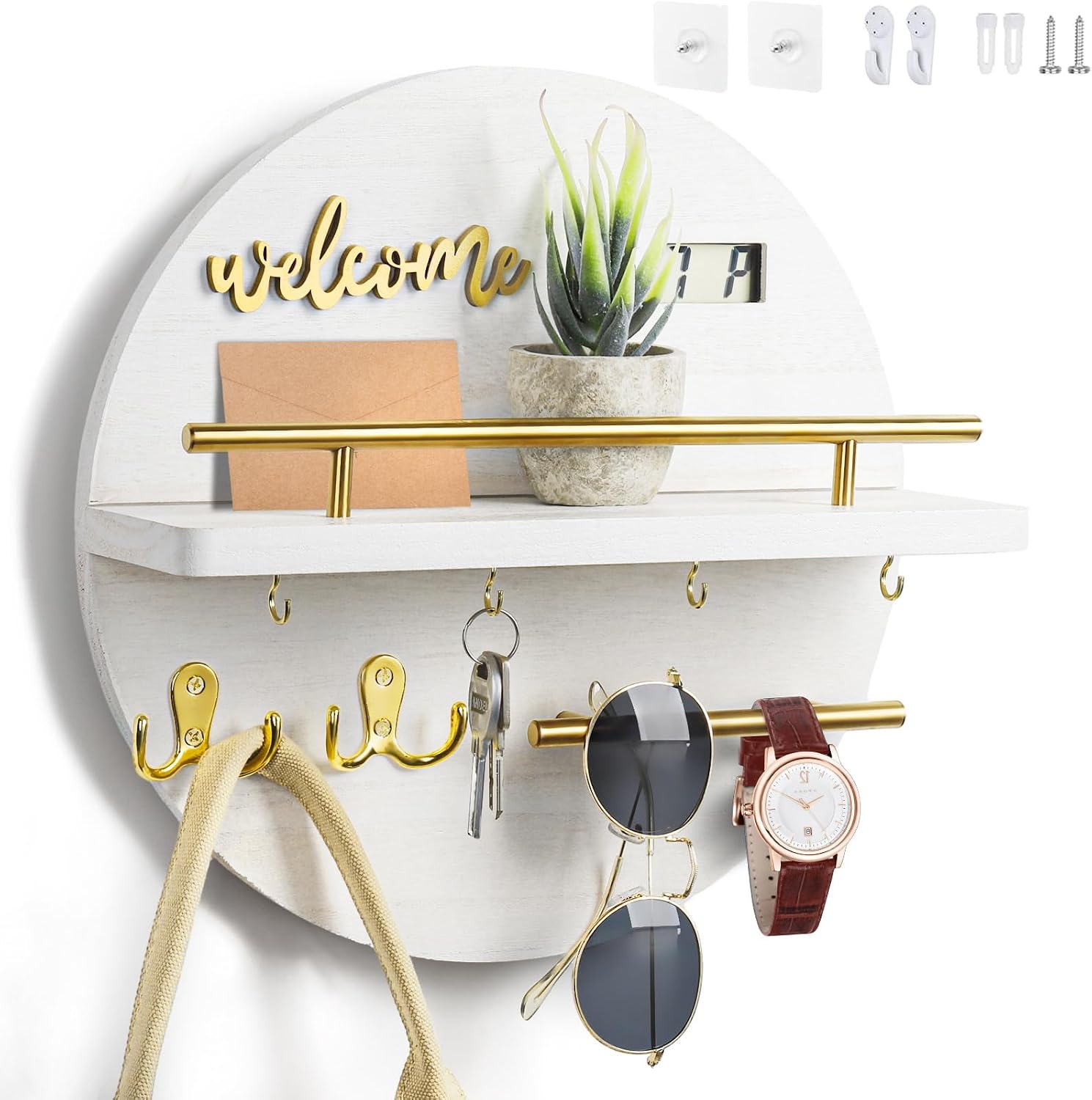 LEIRUOTM Round Whitewashed Wood Key & Mail Holder with Gold Hooks