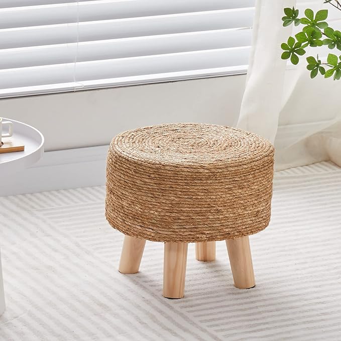 Cpintltr Natural Seagrass Hand-Woven Round Pouf Foot Stool with Pine Legs