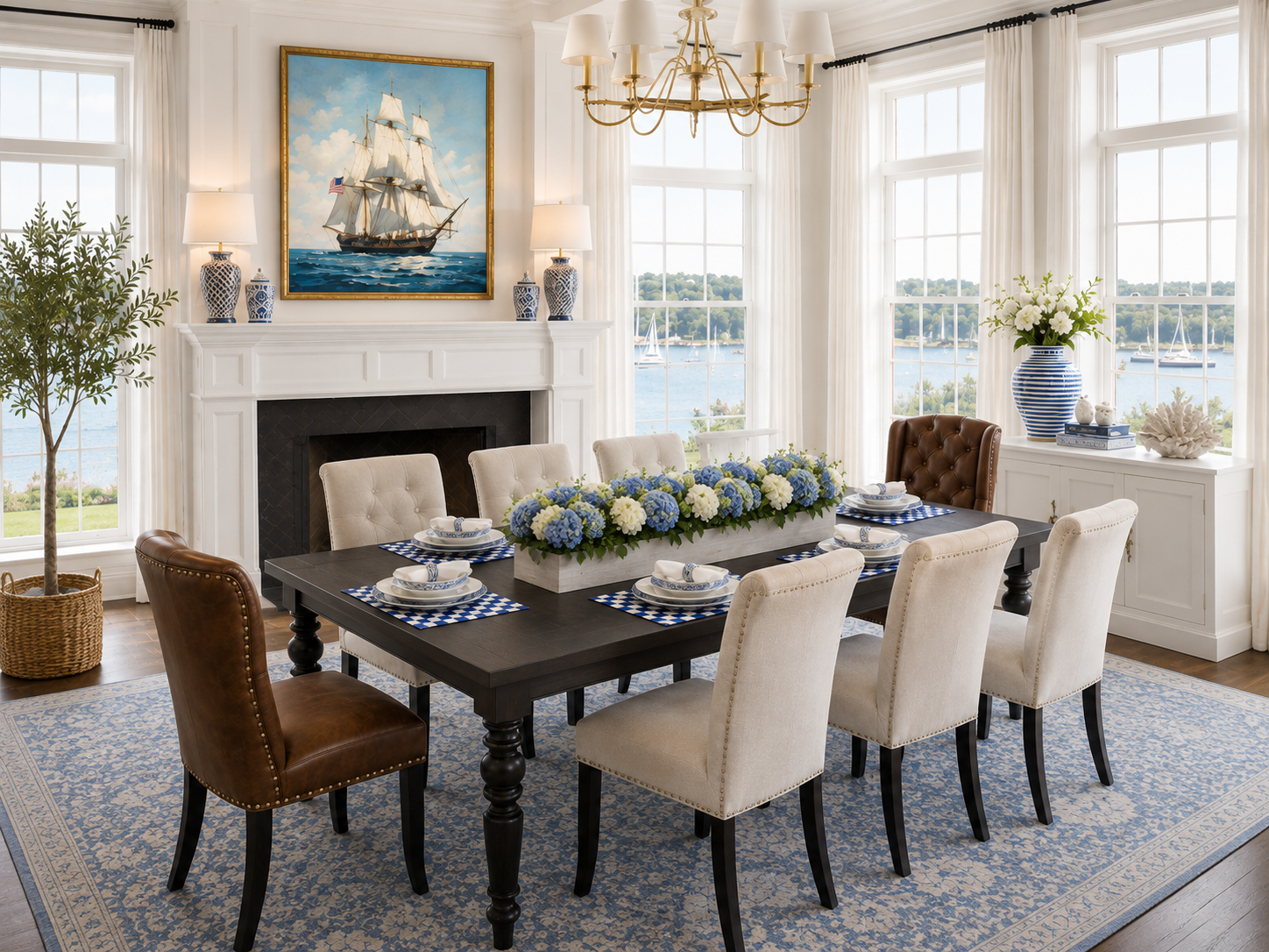 Blue and white Nantucket dining room with a dark wood farmhouse table, cream tufted chairs, brown leather wingback host chairs, blue check placemats, a long white wood box of blue and white hydrangeas, a tall ship painting over a white mantel, ginger jar lamps, a white sideboard, and harbor views through tall windows.