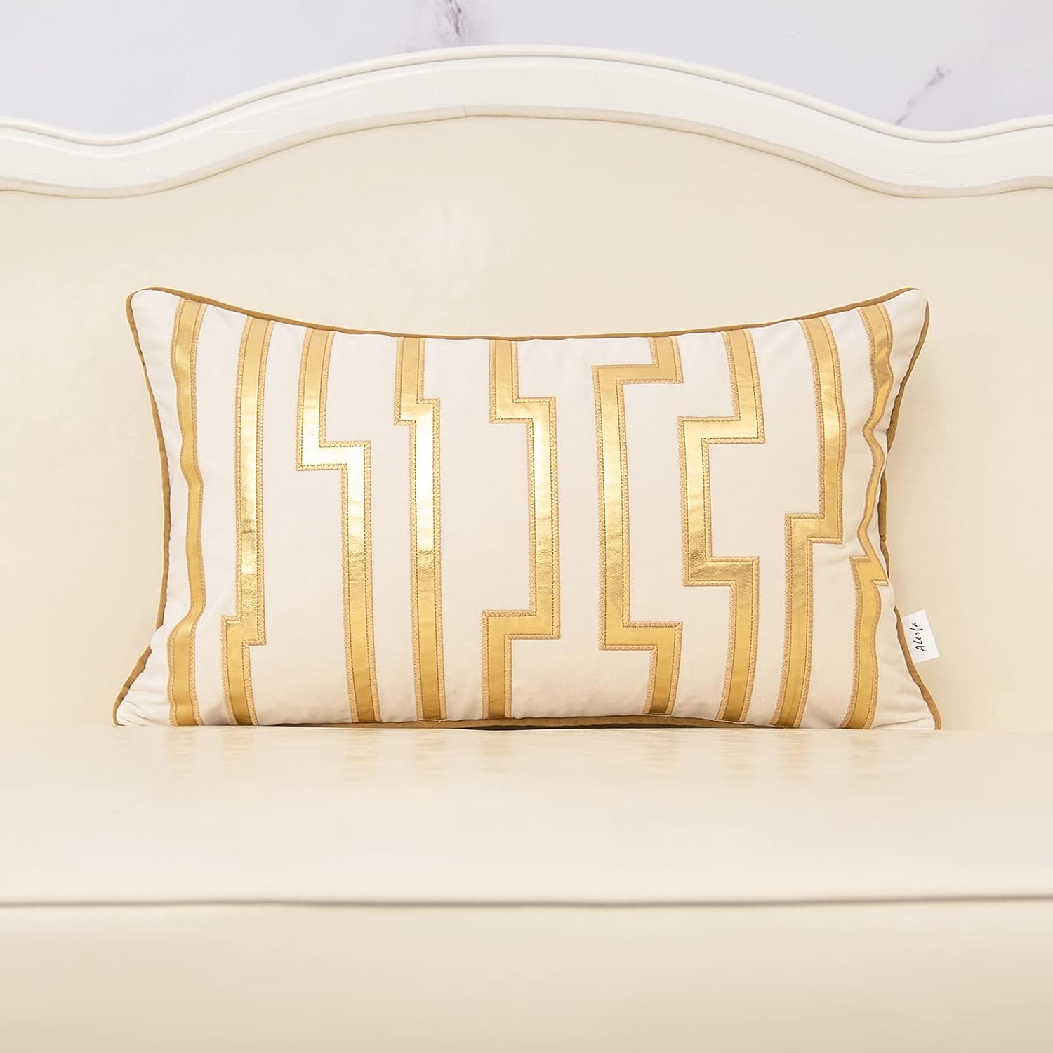 Alerfa Gold Geometric Leather Embroidered Lumbar Pillow Cover, 12"x20" White