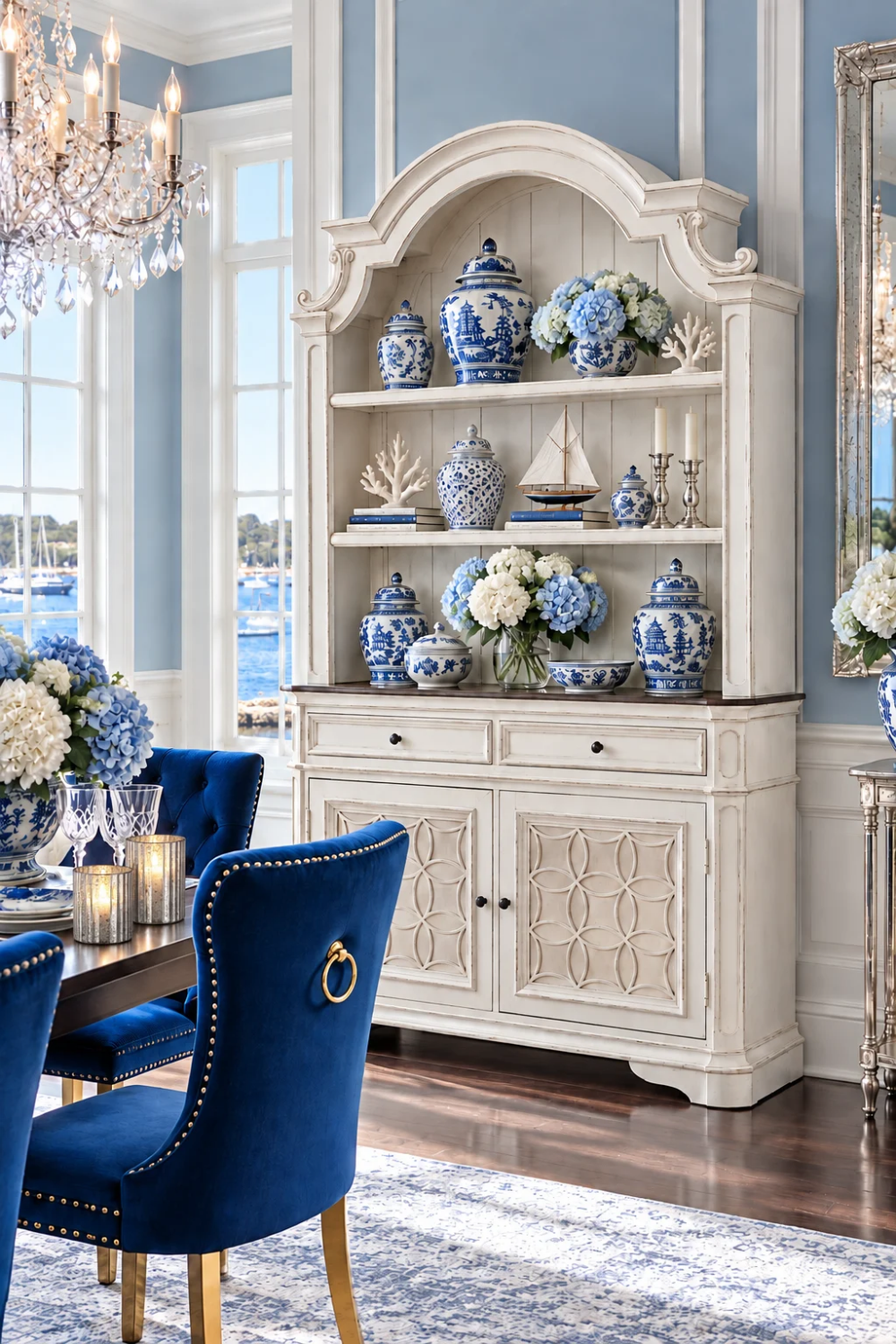 Icy blue Nantucket dining room with a white arched hutch, blue and white ginger jars, hydrangeas, coral, sailboat, silver candlesticks, crystal chandelier, dark dining table and sapphire velvet ring-pull chairs.