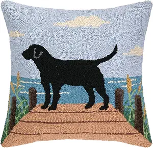 The Pillow Shoppe Black Lab on the Dock Hooked Wool Pillow, 18" Square