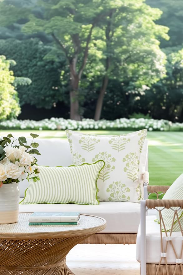Green Botanical & Scalloped Stripe Outdoor Pillow Set