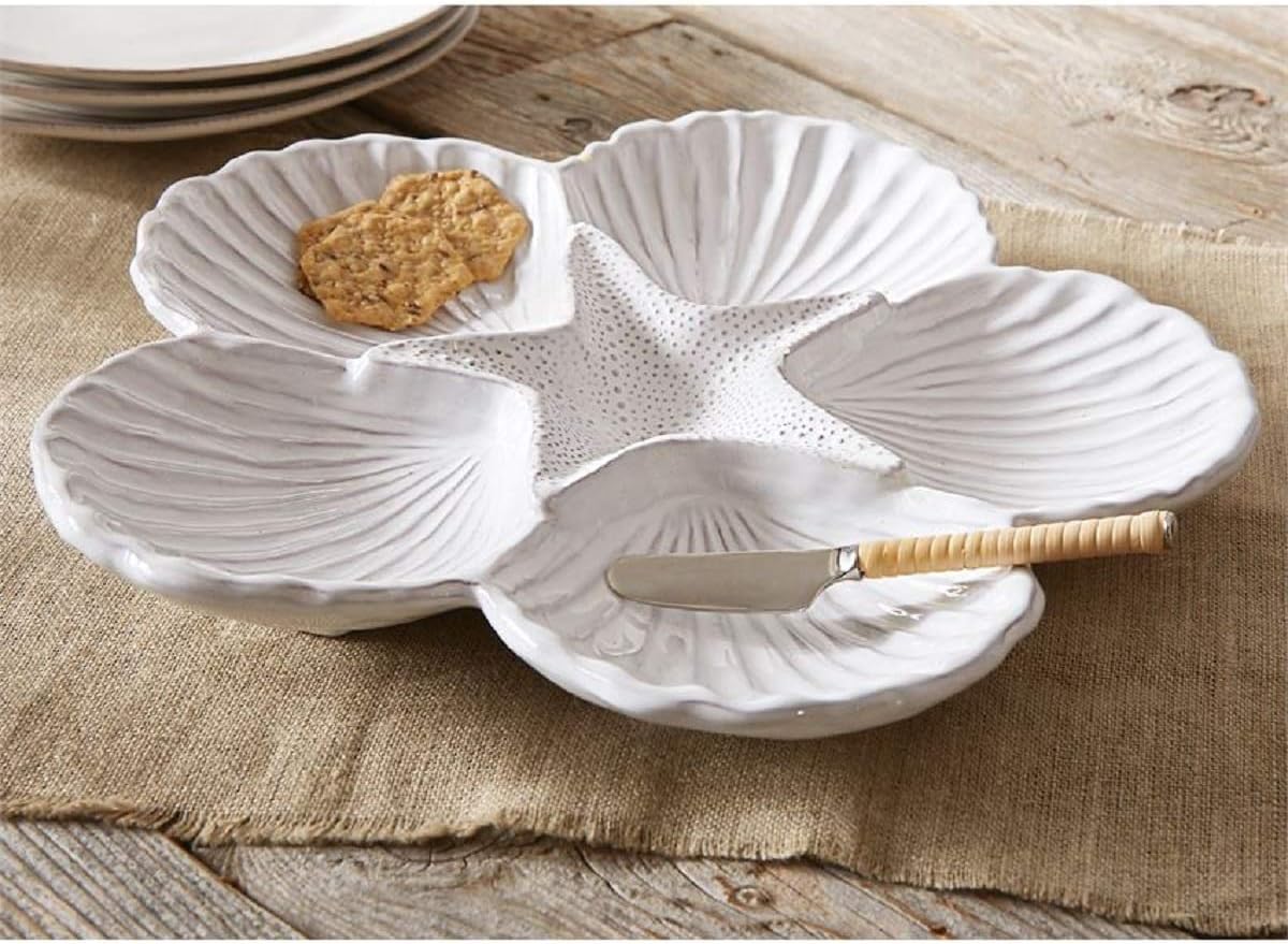 Mud Pie Shell Sectional Serving Platter with Rattan-Handle Spreader