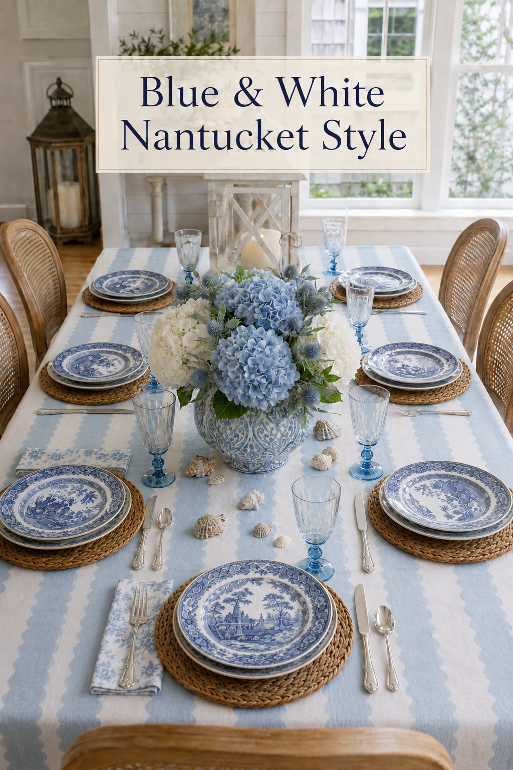Nantucket blue and white dining table with a blue scalloped stripe tablecloth, round seagrass placemats, stacked Spode blue and white transferware plates, blue-base goblets, block-print floral napkins, cane-back chairs and a chinoiserie jar of blue and white hydrangeas.