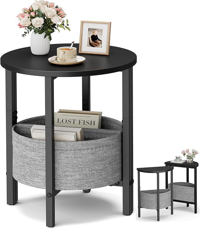 VAGUSICC Round Side Table with Fabric Storage Basket