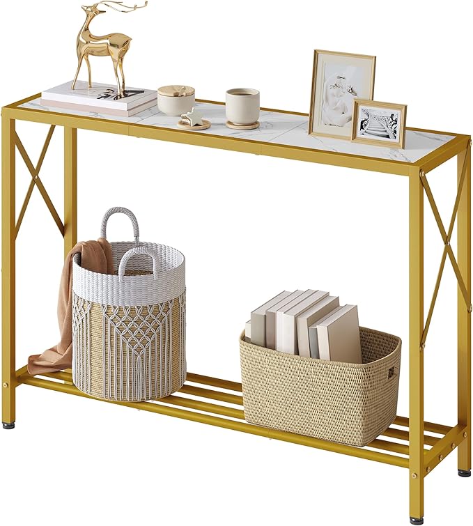 Gold Marble-Top X-Frame Console Table with Storage Shelf