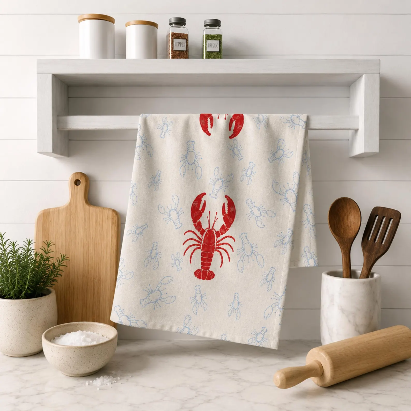 Red Lobster & Blue Sketch-Print Coastal Kitchen Tea Towel