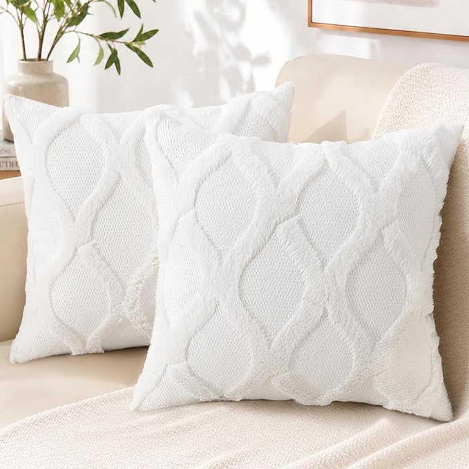 White Boho Tufted Plush Wool Throw Pillow Covers (Set of 2)