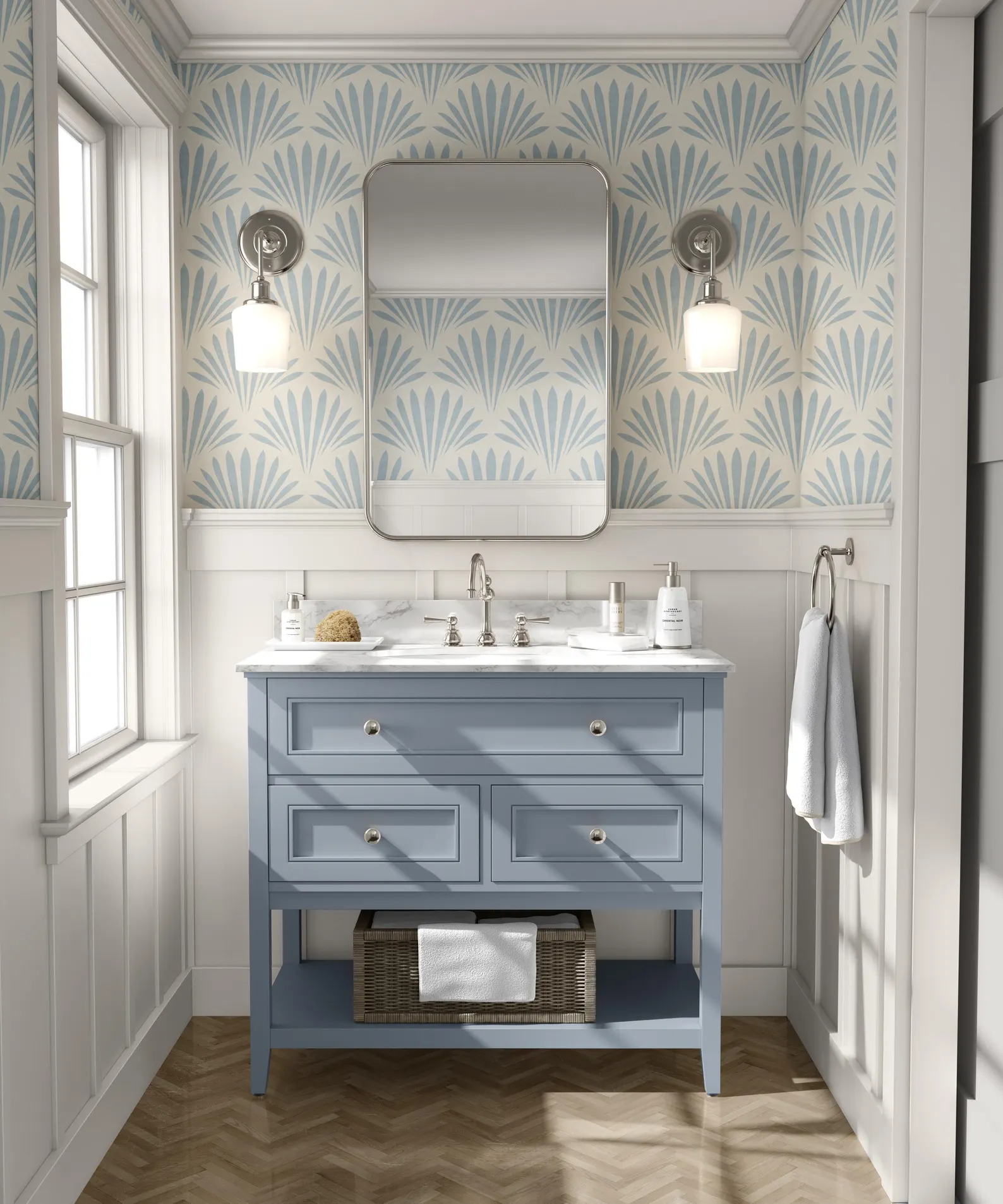 Blue & White Mediterranean Palm Wallpaper — Art Deco Fan