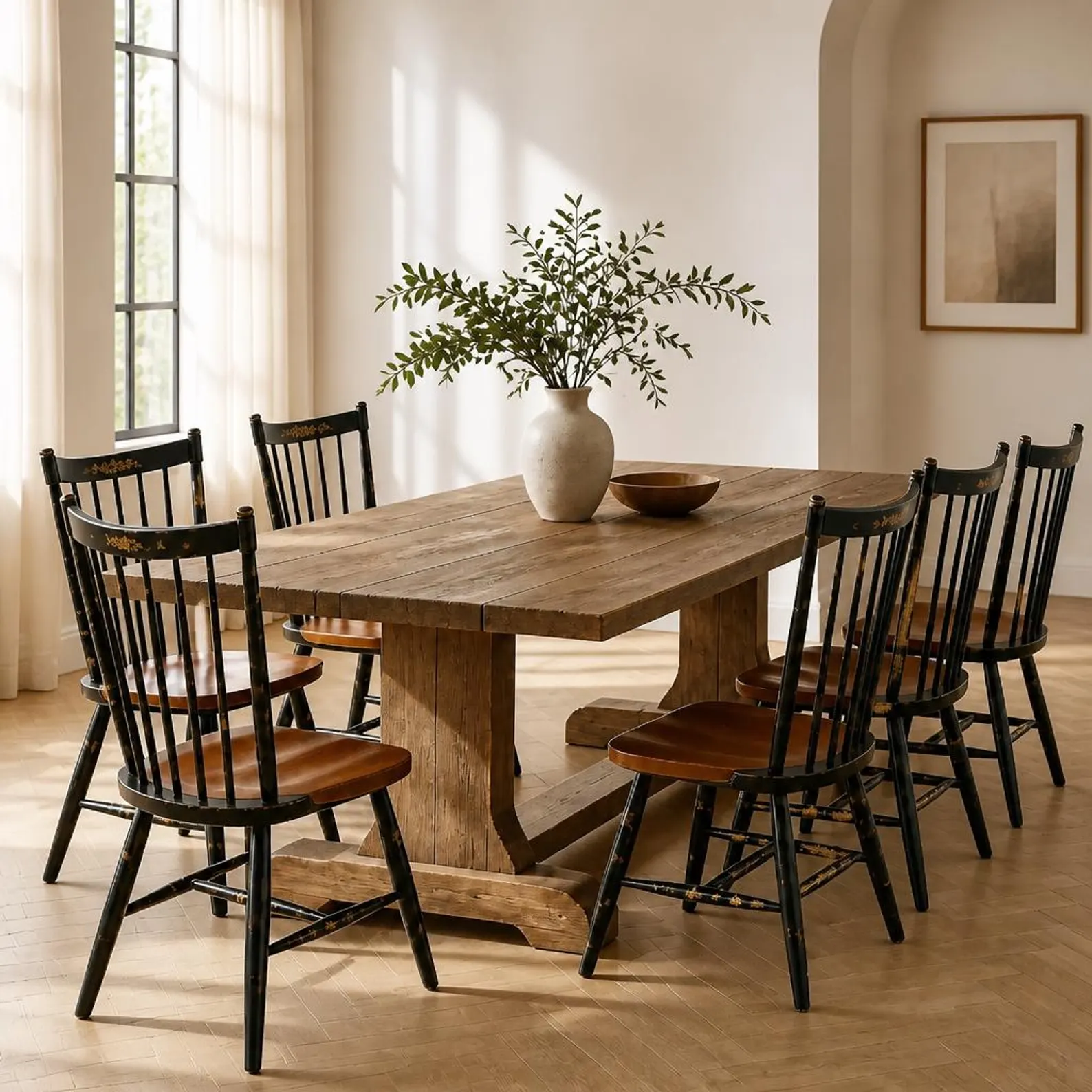 Vintage L. Hitchcock Dining Chairs — Black Stencil & Harvest Oak (Set)