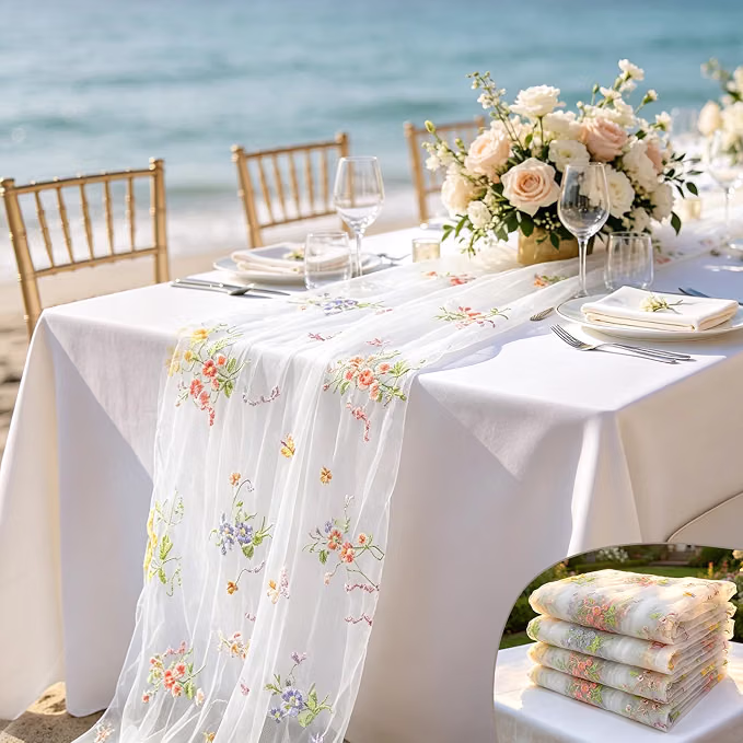 White Wildflower Embroidered Tulle Table Runner, 120" — Set of 4