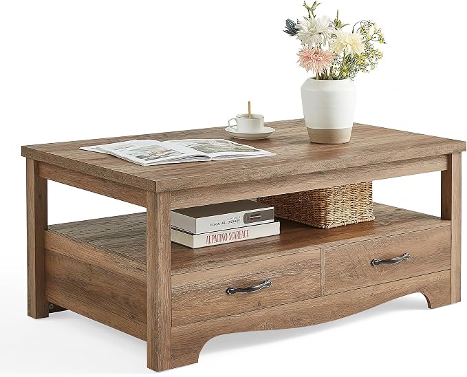 Rustic Farmhouse Oak Coffee Table with 2 Drawers & Shelf