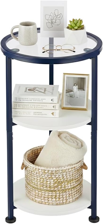 Navy Blue Round 3-Tier Glass Top Side Table