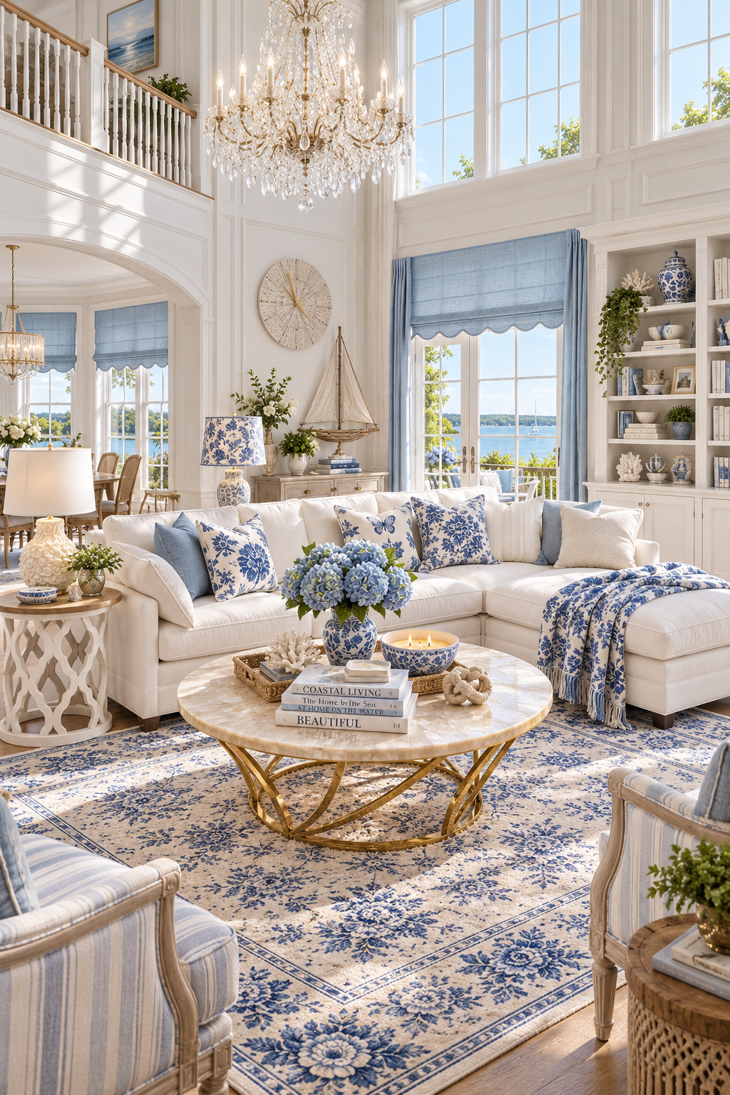 Two-story Nantucket blue and white great room with a crystal candle chandelier, blue scalloped roman shades, cream modular sectional with blue and white floral pillows and a hydrangea woven throw, round stone coffee table with brass base, chinoiserie porcelain garden rug, white built-ins filled with blue and white ginger jars, capiz shell sunburst clock, driftwood sailboat wall hanging, and toile lampshades.