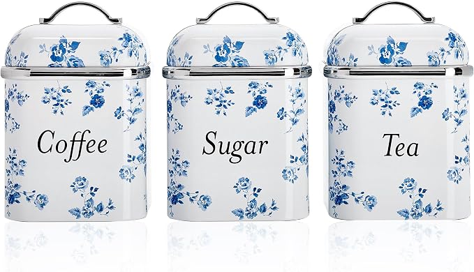 Blue & White Floral Coffee, Sugar & Tea Canister Set