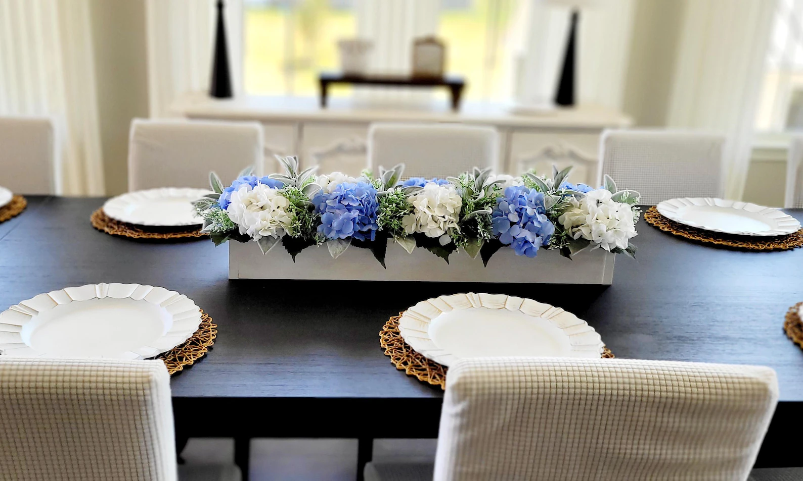 Blue Hydrangea Centerpiece in White Wood Box — Long Farmhouse Dining Arrangement
