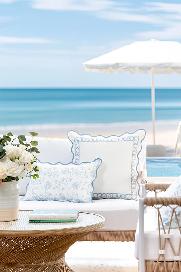 Blue Scalloped-Edge Coastal Outdoor Pillow Set — Chinoiserie Floral & Trellis
