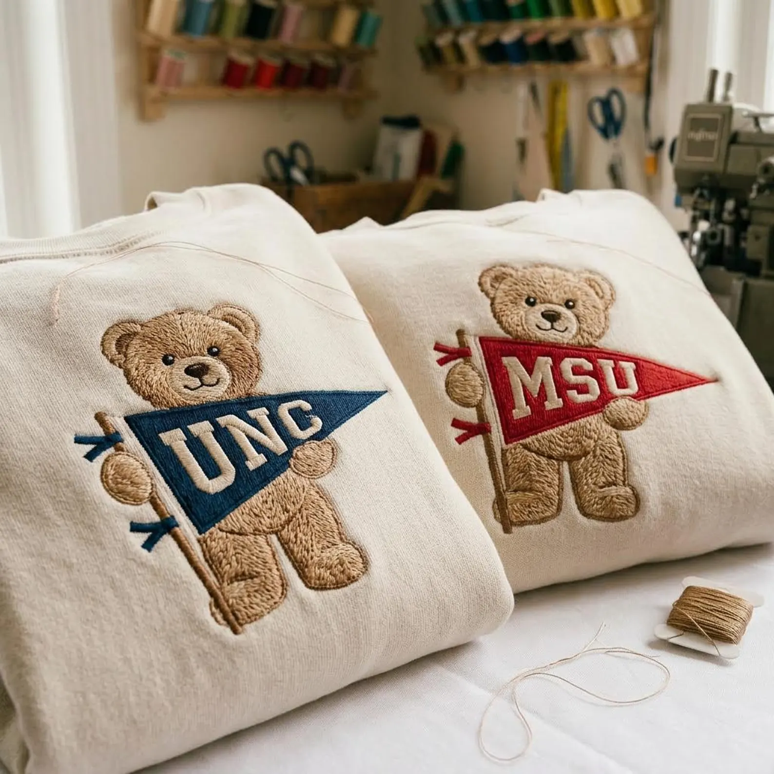Custom College Embroidered Teddy Bear Pennant Sweatshirt