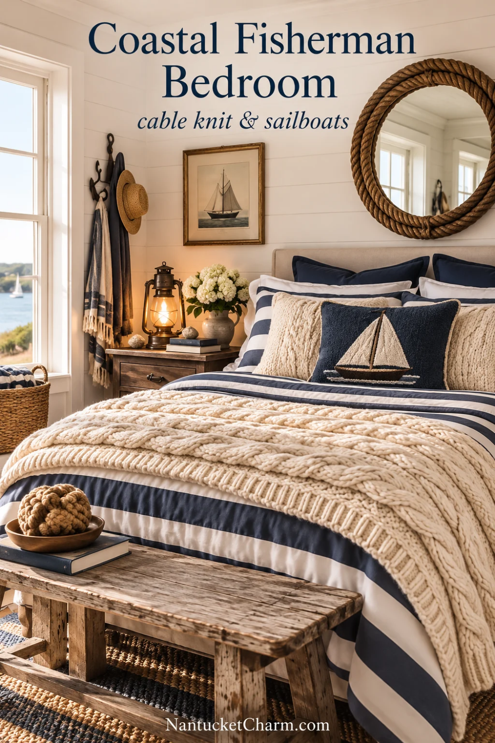 Coastal fisherman bedroom with navy and white striped bedding, cream cable knit blanket and pillows, a navy sailboat cushion, rope mirror, framed yacht art, lantern, hydrangeas, rustic bench, woven rug and monkey fist knot.