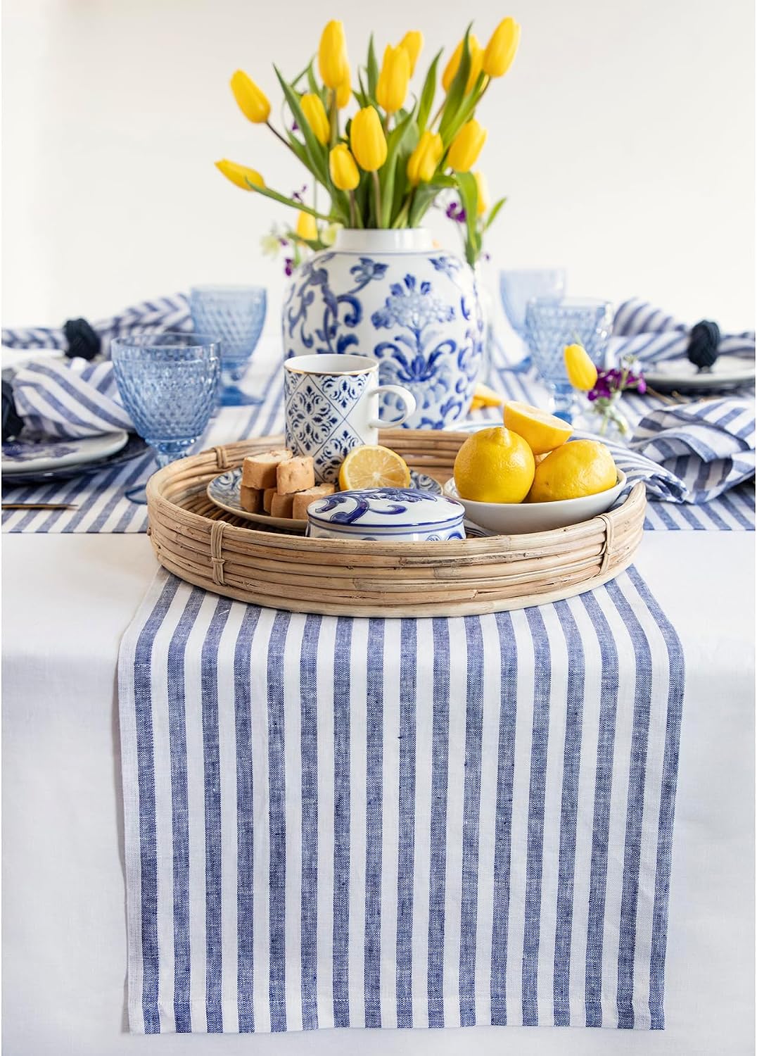 Navy Stripe Pure Linen Table Runner