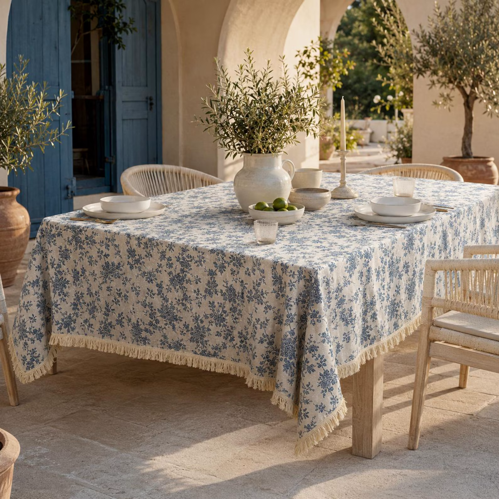 Blue Floral Tablecloth with Fringe — Block Print Cotton