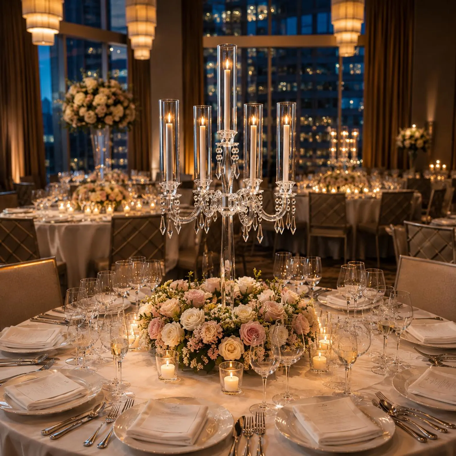 40-Inch Five-Arm Crystal Glass Candelabra Centerpiece