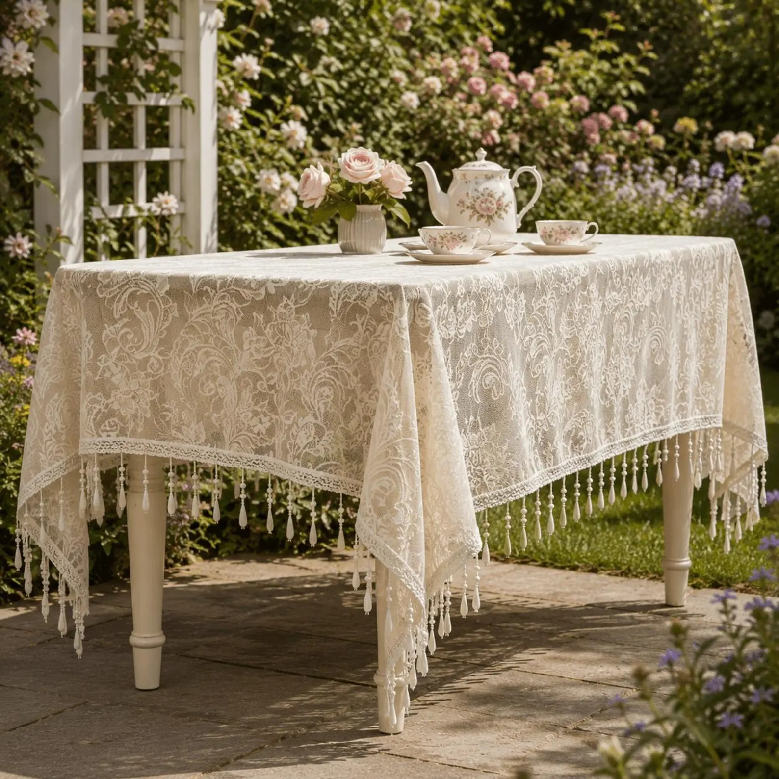 French Vintage Lace Tablecloth — Handmade Beaded Tassel Trim