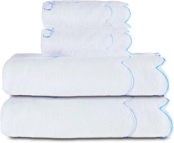 Blue & White Scalloped-Edge Turkish Cotton Bath Towel Set (4-Piece)