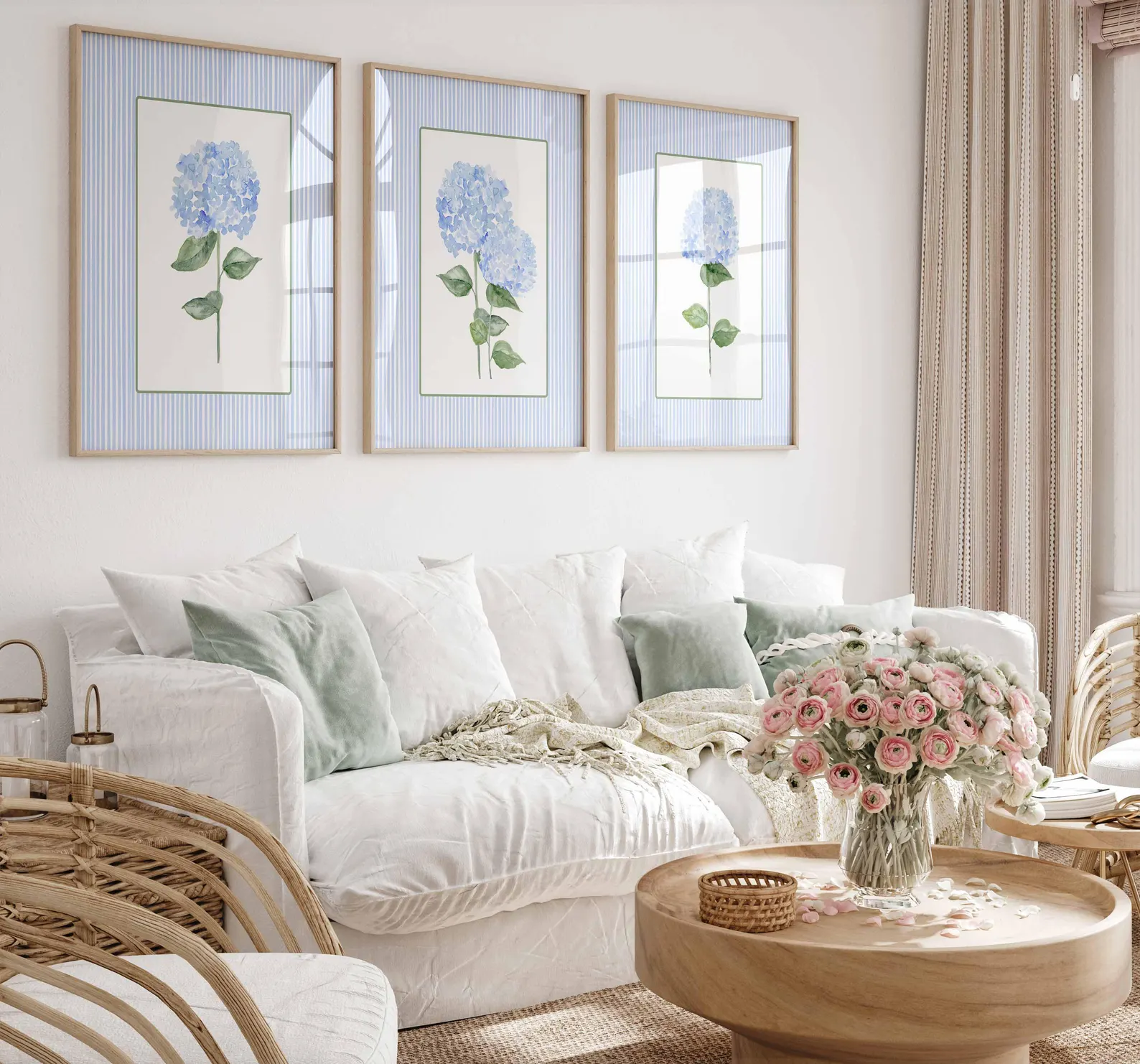 Blue Hydrangea Print, Set of 3 — Striped Grandmillennial Coastal Wall Art