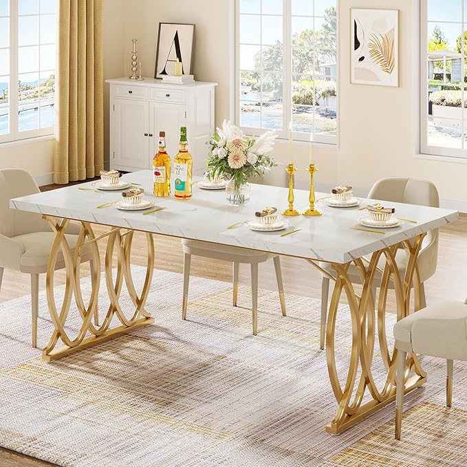 Tribesigns Rectangular White Marble & Gold Geometric Dining Table (70.9")